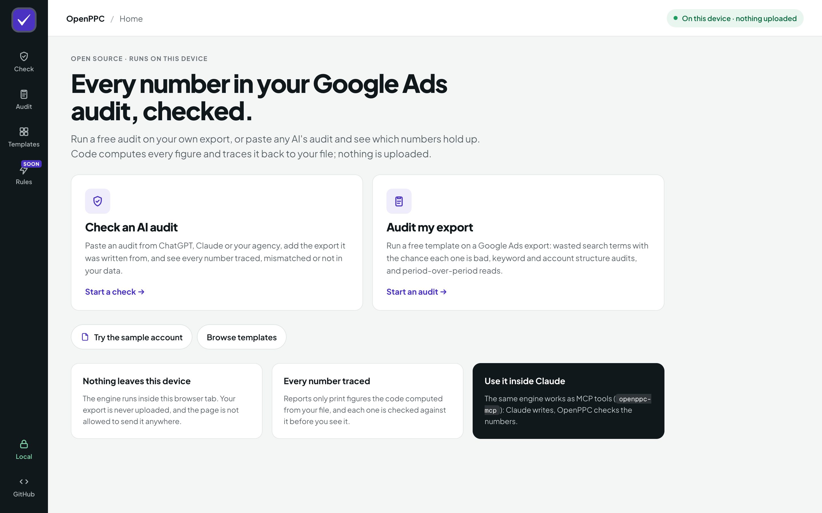 The OpenPPC app home screen with Check an AI audit and Audit my export
