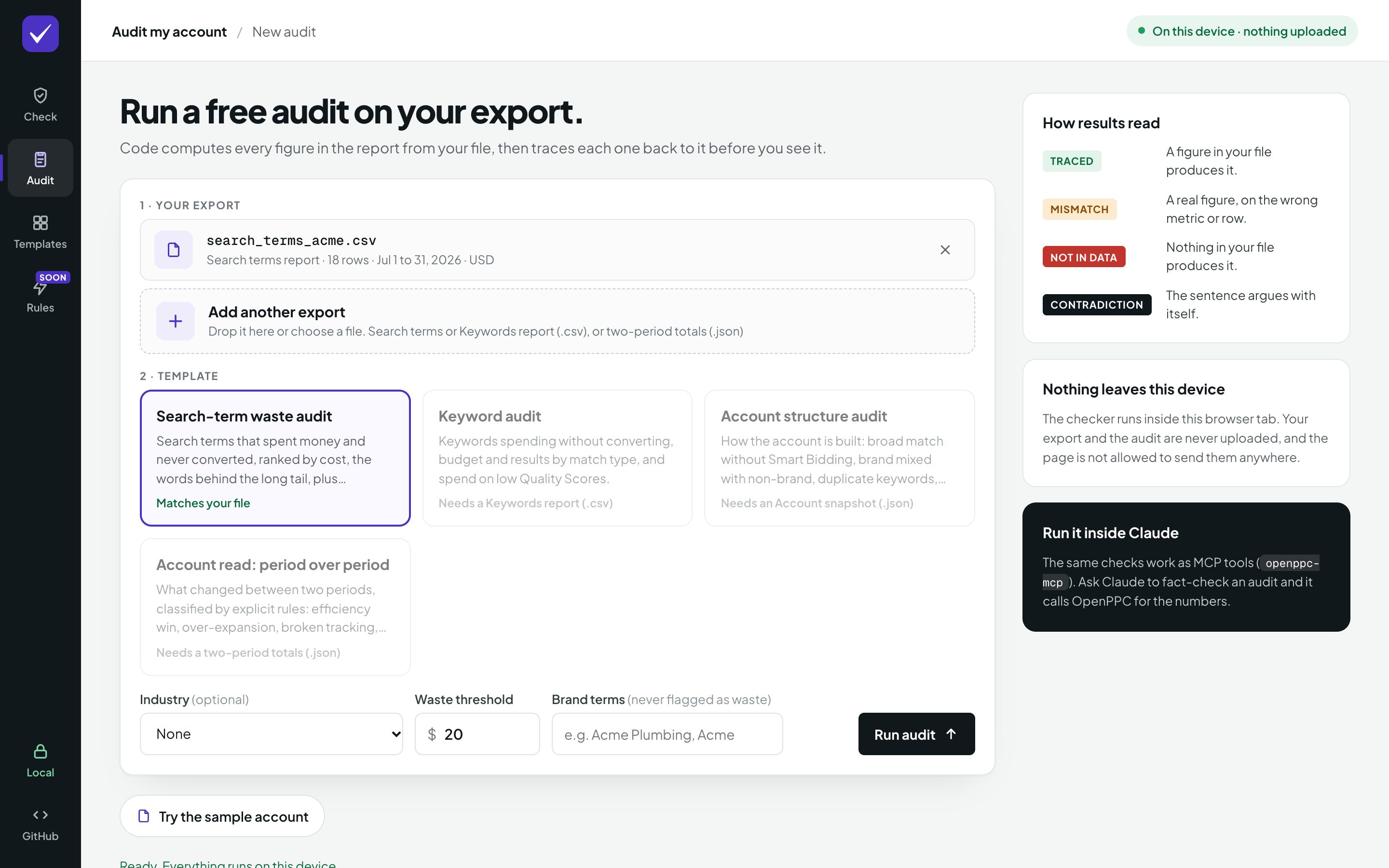 The Audit screen with a search terms export added and the waste audit template selected