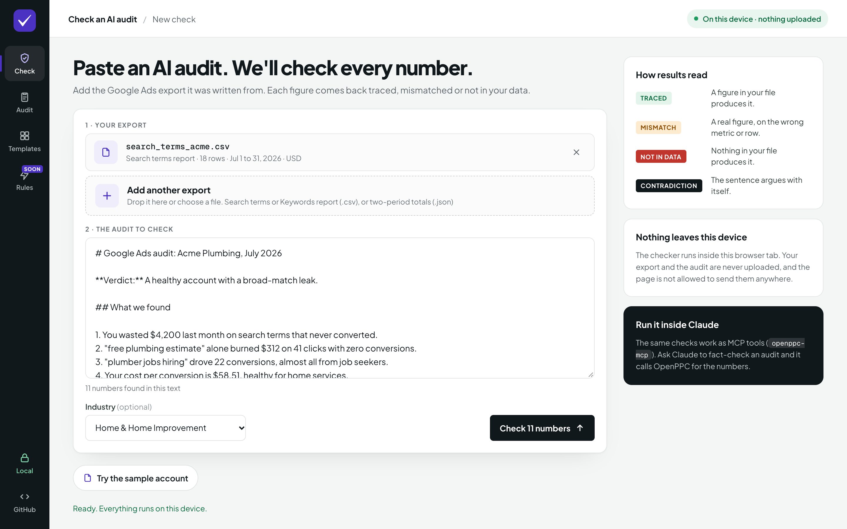 The Check screen with an AI audit pasted and the export added