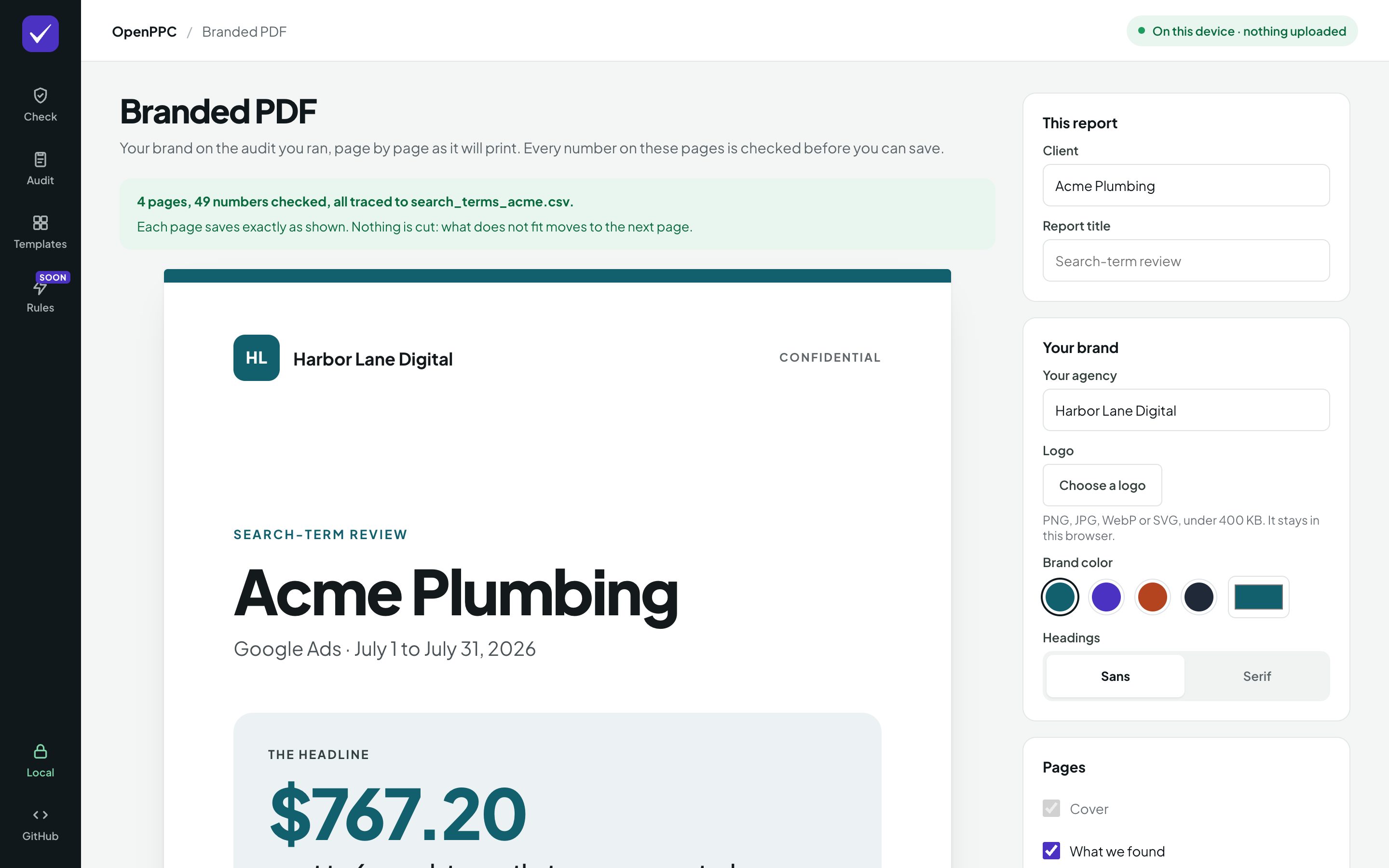 The branded PDF builder with the report cover and the brand settings